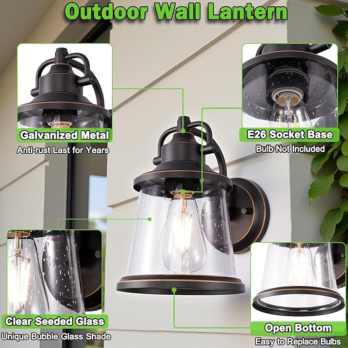 GRUENLICH Outdoor Wall Lantern Wall Sconce as Porch Lighting Fixture E26 Medium Base Metal Housing Plus Seeded Glass Oil Rubbed Bronze Finish Bulb Not Included 1-Pack