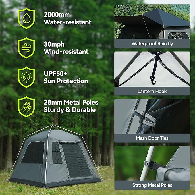 Instant Pop-Up Camping Tent with Removable Sunshade - 3-4 Person Dome Tent with UV Protection &amp Ventilation Waterproof Windproof for Beach Hiking Outdoor.
