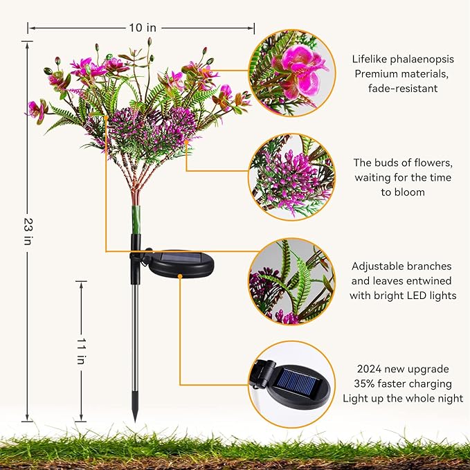 Neporal Solar Garden Lights 4PK Purple Phalaenopsis Solar Flowers Outdoor Waterproof Solar Lights Outdoor Decorative for Garden Yard Decor