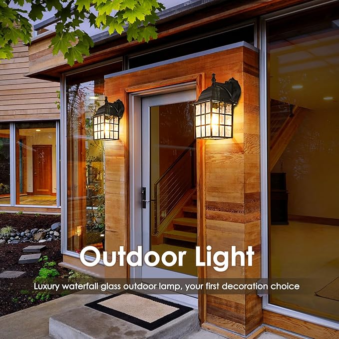 Brightever 2-Pack Dusk to Dawn Outdoor Wall Lantern Exterior Light Fixtures with Photocell Sensor Black Wall Light Waterproof Waterfall Glass Outside Wall Sconce for Porch House Garage