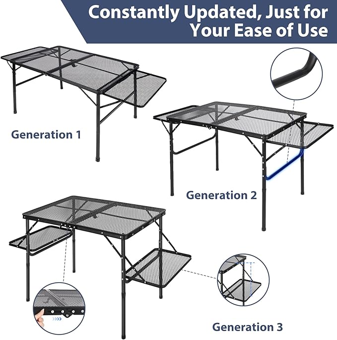 REDCAMP 36x24 Folding Grill Table for Outside with 2 Side Tables Lightweight Portable Metal Aluminum Outdoor Grill Table with Adjustable Height Legs Great for Camping Picnic Cooking BBQ Black 3ft