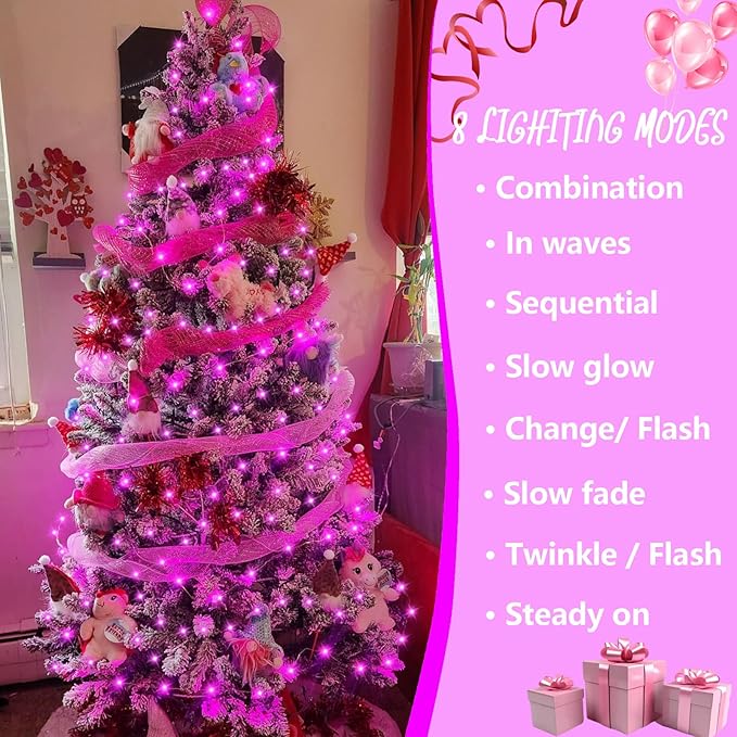 YEGUO Valentine’s Day Pink String Lights Indoor 165ft 500 LED Christmas Lights Outdoor Waterproof 8 Modes Clear Wire Fairy Light Plug in for Party Tree Wedding Xmas