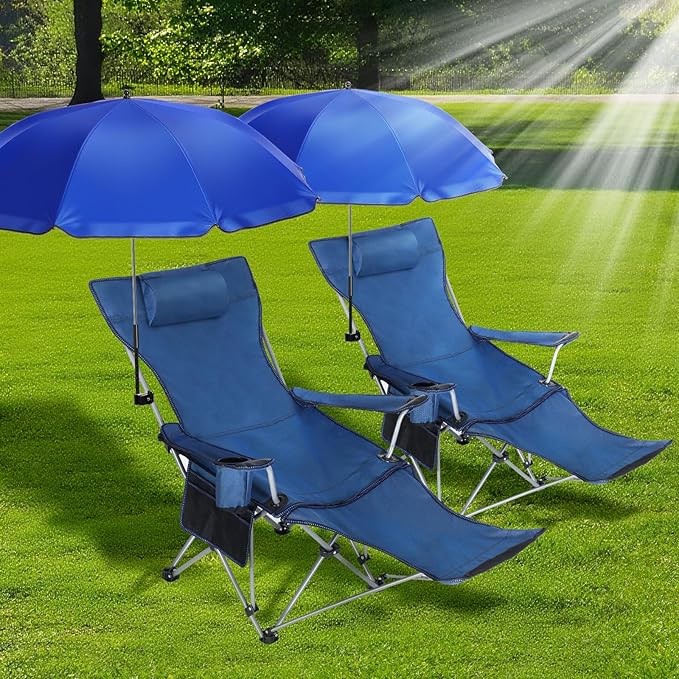 Karenhi 2 Set Beach Camping Chair with Umbrella for Adult Folding Reclining Camping Chair with Foot Rest Adjustable Clamp Canopy Shade for Outdoor Patio Travel Beach(Blue)