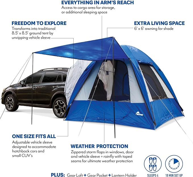 Napier Sportz Hatchback and Small CUV Tent 8'x8' Waterproof Camping Tent with Awning 4 Person Blue/Grey Car Tent
