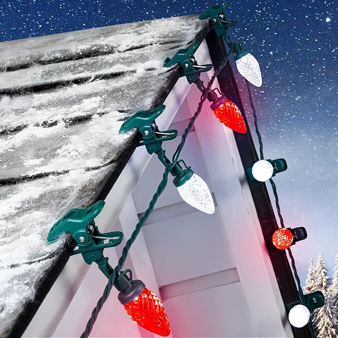 C9 LED Christmas Lights Outdoor 68 Feet 100 LED Strawberry String Lights With 100 Spring Clamps Waterproof Commercial Grade Extendable for Outside Roofline Patio Home Xmas Decoration Red &amp Whit