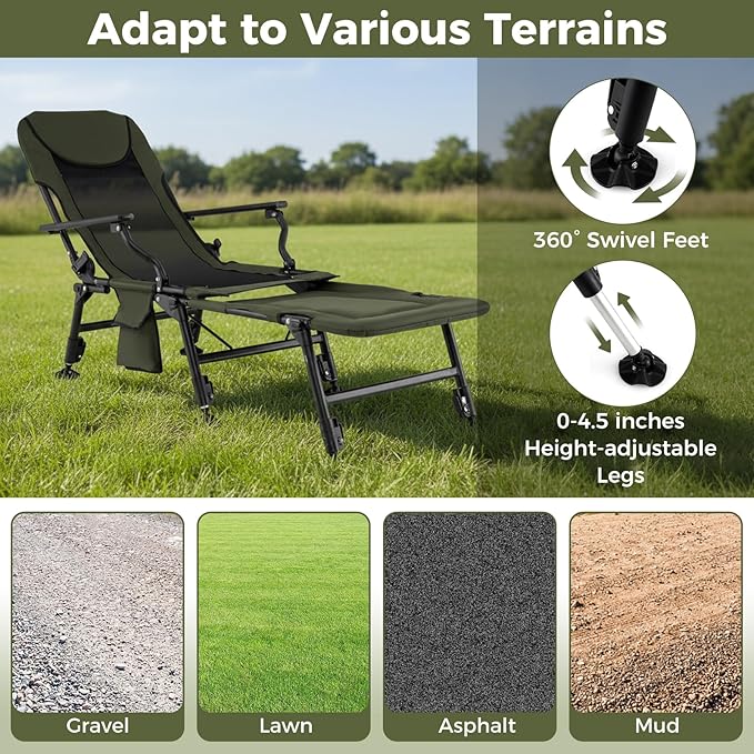 Goplus Oversized Foldable Fishing Chair for Adults Heavy Duty All-Terrain Camping Chair with Detachable Footrest Padded High-Back Armrest Adjustable Feet Portable Recliner for Outdoor Patio Beach