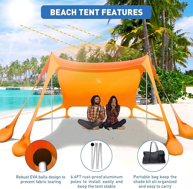 Beach Tent Sun Shelter 10x10ft Beach Canopy Easy Pop Up Sun Shade Portable UPF50+ with 8 Sandbags-2 Sand Shovel-4 Aluminum Poles-Ground Pegs for Outdoor Family Camping Fishing Backyard Picnic