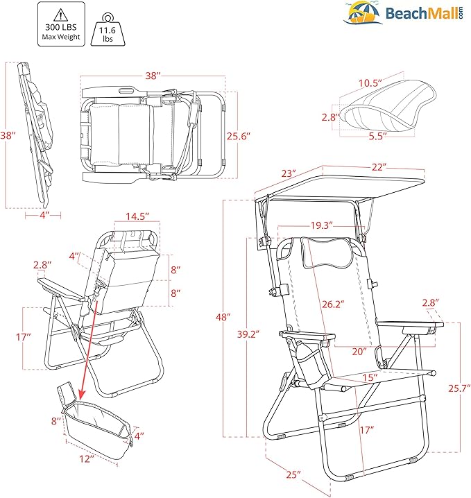 Heavy Duty Tall Beach Chair with Canopy Shade for Adults 17 High Off Ground 4-Position Reclining Insulated Cooler &amp Storage Pouch Bamboo-Finish Arms 300 lb Capacity