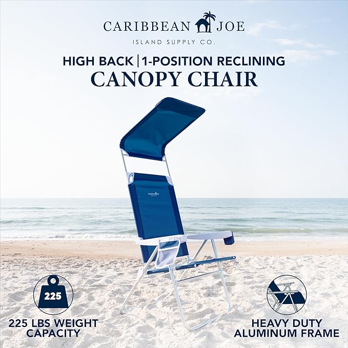 Caribbean Joe Folding Beach Chair 1 Position High Back Outdoor Camping Chair with Canopy Lightweight and Portable