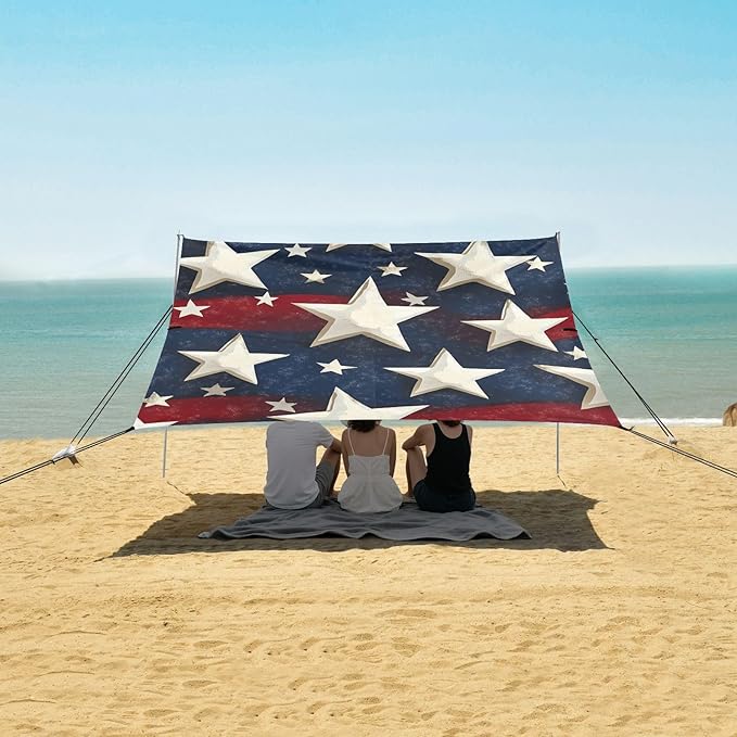 Beach Tent Sun Shelter Stars Red Stripes Lightweight &amp Easy Setup Beach Shade Canopy for Camping Fishing