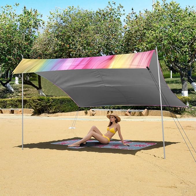 Rainbow Furry Texture Beach Tent Sun Shelter 9.2' x 10.5' Beach Canopy with 4 Sandbags 4 Stability Poles Sand Shovels - Tent Canopy for Beach Camping Fishing Picnics
