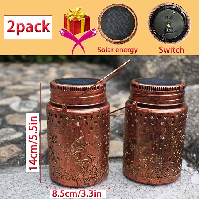 Solar Mason Lanterns Hummingbird Garden Outdoor Decor LED Light Hanging Waterproof Metal Lanterns for Patio Pathway Yard (Hummingbird 2pack)