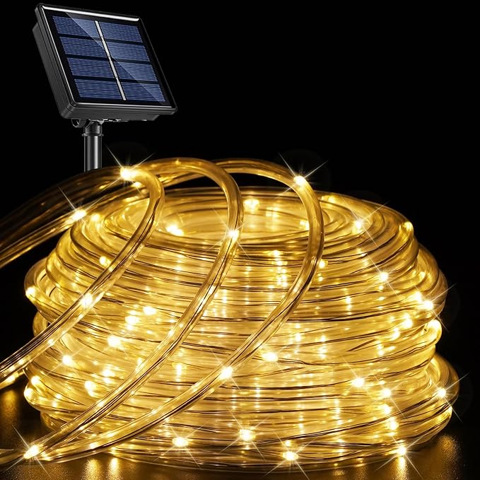 YEGUO Solar Valentines Light Outdoor Waterproof 66ft 200 LED Warm White Rope Lights 8 Modes Tube Christmas String Lights in Clear Thin Tube