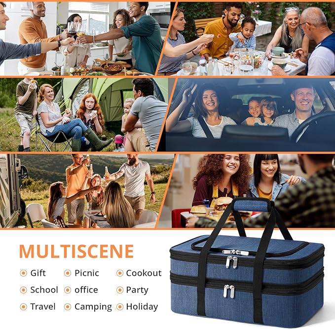 Insulated Double Casserole Carrier - Portable Casserole Carriers for Hot or Cold Food Lunch Tote Warmer or Cooler Bag for Potluck Parties Picnic Cookouts Fits 9 x 13 Baking Dish - Navy Blue