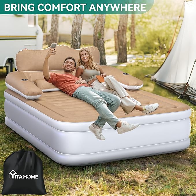 YITAHOME FullXL Size Air Mattress with Headboard 18in Inflatable with Pillow Blow Up Mattress with Removable Electric Pump Comfort Air Bed Queen for Camping &amp Home Brown