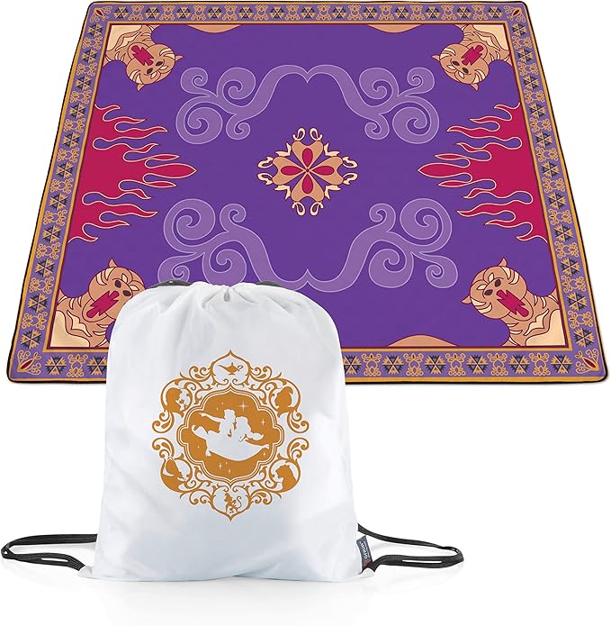 Picnic TIME Disney Aladdin Impresa Picnic Blanket Lightweight Folding Beach Blanket with Carry Backpack Machine Washable Water Resistant Fleece Picnic Mat (Black and White)