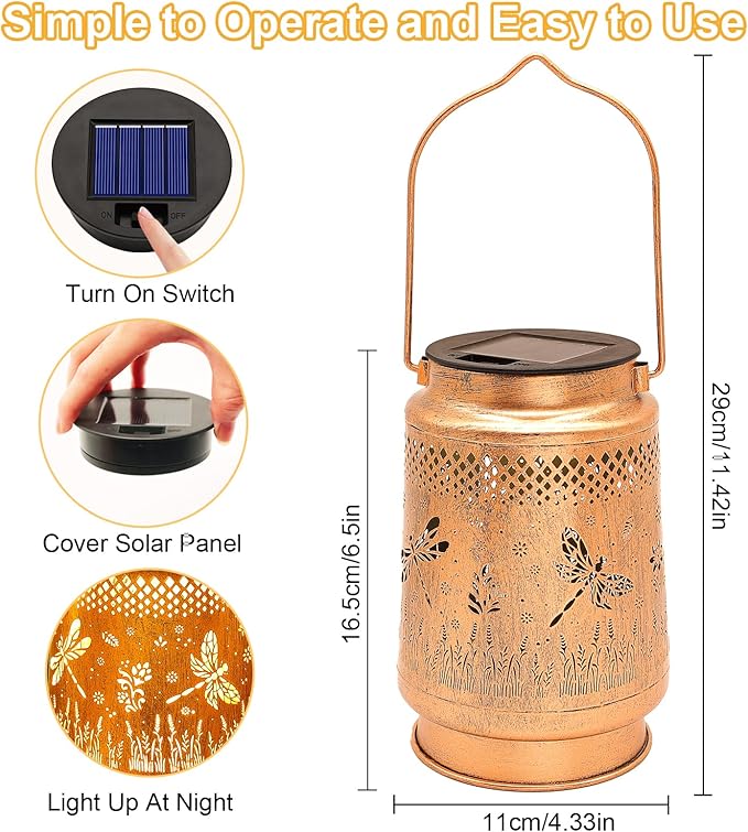 2 Pack Solar Lanterns Outdoor Waterproof Dragonfly Garden Decor Gifts for Women Mom Grandma Birthday Hanging Solar Lights Metal LED Decoration with Shepherd Hook Outside for Yard Patio Lawn Porch