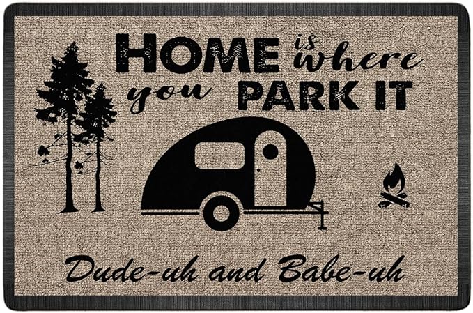 Personalized Campsite Doormat - Home is Where You Park It - Custom Family Name Camping Door Mat RV Accessories for Inside Outside Funny Campsite Rugs Decorations for Travel Trailers 16 x 24 inches