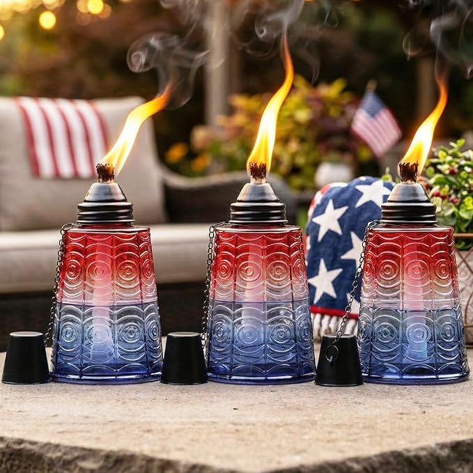 Seraphic Citronella Table Top Torches for Outdoor Patio 16oz Decorative Glass Torch Citronella Candles for Outside Deck Garden Parties Set of 3 Red/White/Blue