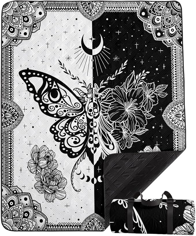 Outdoor Picnic BlanketPortable Sandproof Waterproof Picnic MatSkull Butterfly Printed Camping Beach Mat for Sand and Wet Grass Hiking (Skull Butterfly S)