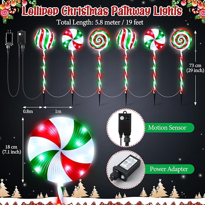 6 in 1 Lollipop Christmas Pathway Lights Outdoor 29 Inch Peppermint Pathway Markers Lights Lighted Candy Cane with 5 Modes and Music for Xmas Holiday Patio Yard Garden(RedWhiteGreen)