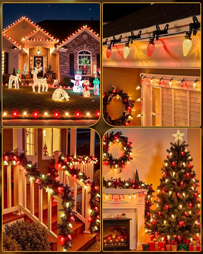 Minetom C9 Christmas Lights Outdoor 88FT 110LED String Lights with 8 Mode Waterproof Connectable UL Certified C9 Christmas Decorations for Indoor Outdoor Patio Roofline Decor Red＆Warm White