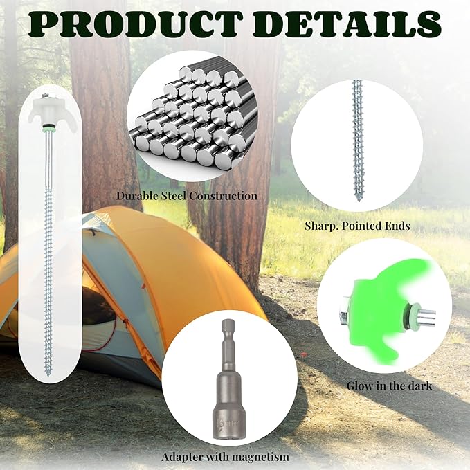 20 Pack 10 Screw in Tent Stakes Heavy Duty Glow in The Dark Metal Stakes with Hex Head Driver Ground Anchors for Camping Patio Awning Canopy and Windy Conditions