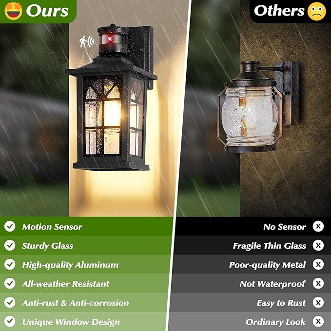 Motion Sensor Outdoor Light Fixture Dusk to Dawn Porch Light Outdoor Wall Sconce Lantern Aluminum Exterior Lighting Fixture Wall Mount 3 Lighting Modes Outside Lights for House Front Door Garage