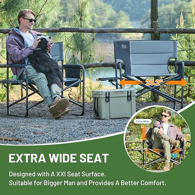 TIMBER RIDGE XXL Foldable Directors Chair with Side Table Extra Wide Camping Chairs for Adults Heavy Duty Supports 500 lbs Oversized Folding Lawn Chair for Picnic Beach Sports Fishing Grey-2 Pack