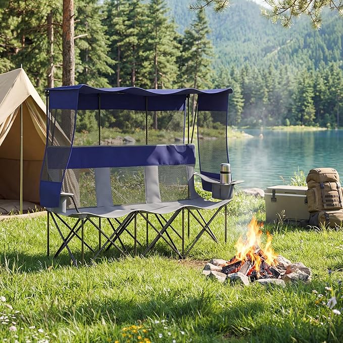3 Person Camping Chair with Canopy Shade Oversized Folding Beach Couch Style Camping Sofa Portable Outdoor Lawn Seat Tailgate Chair with Umbrella for Beach Sport Sideline Backyard Festival