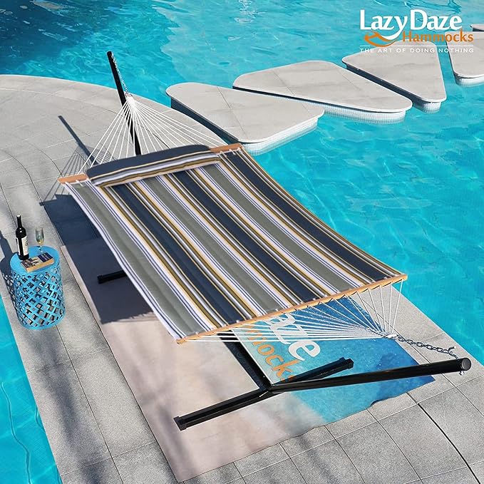 Lazy Daze Hammocks 12 FT Quilted Fabric Double Hammock with Spreader Bars and Detachable Pillow 450lbs Weight Capacity