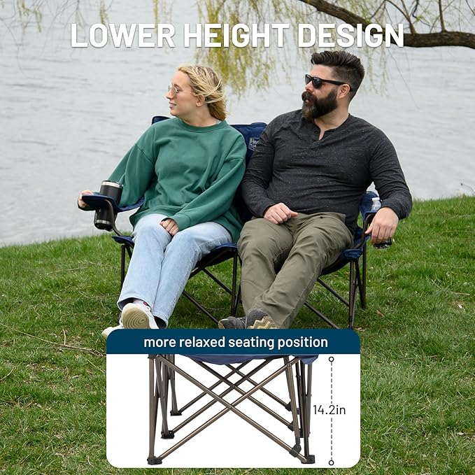 Timber Ridge 2 Person Folding Loveseat Comfortable Double Foldable Camping Chair Folding Lawn Chairs for Outside Blue