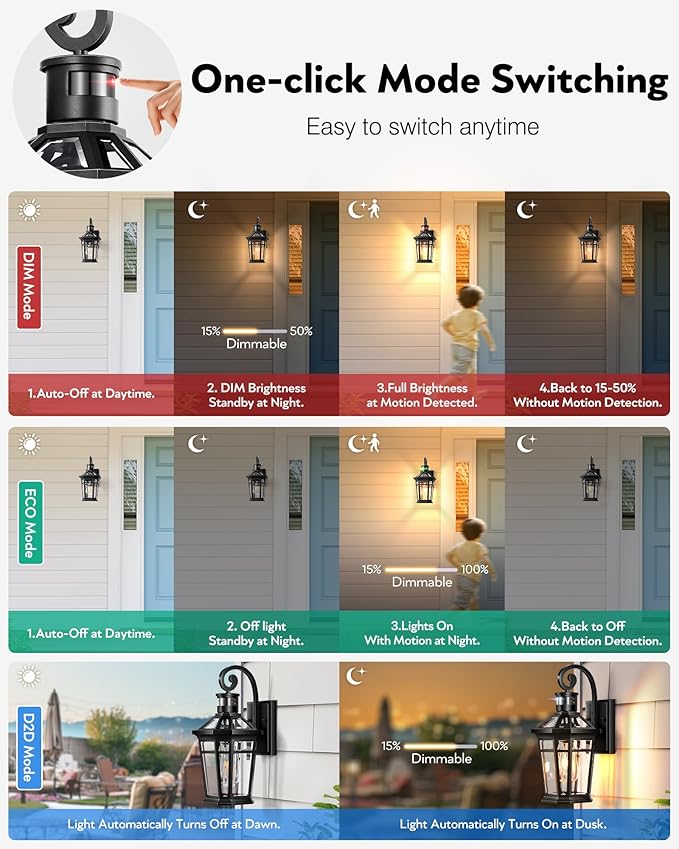 Motion Sensor Outdoor Wall Lights Black Dusk to Dawn Porch Light Wall Mount Exterior Lighting Fixtures Outdoor Wall Sconce Lantern with Adjustable Sensor Range Coach Lights for Garage Patio
