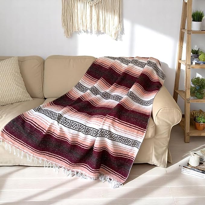 Traditional Handwoven Mexican Blanket Large Falsa Serape - Soft &amp Durable Yoga Blanket - Vibrant Beach Picnic &amp Camping Blanket - Lightweight Boho Throw 70x50