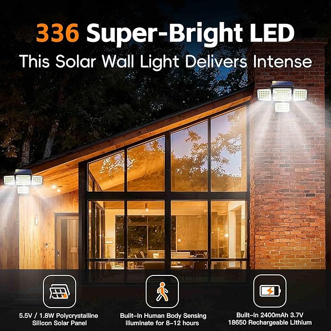 Solar Lights Outdoor 336 LED Motion Sensor Security Wall Light with Remote Split 4-Head Adjustable Design 2400mAh Battery Waterproof IP65 Garage Driveway Garden Courtyard Lighting（2Pack