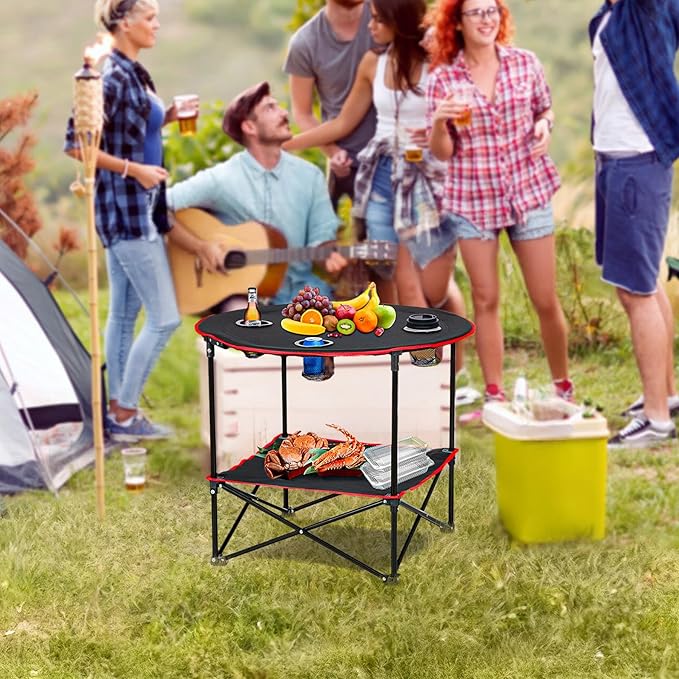 HomGarden 28 Portable Folding Picnic Table Outdoor Camp Table Round 2-Tier with 4 Cup HoldersPortable Tables Folding for BBQ Fishing Beach Table for Party Black
