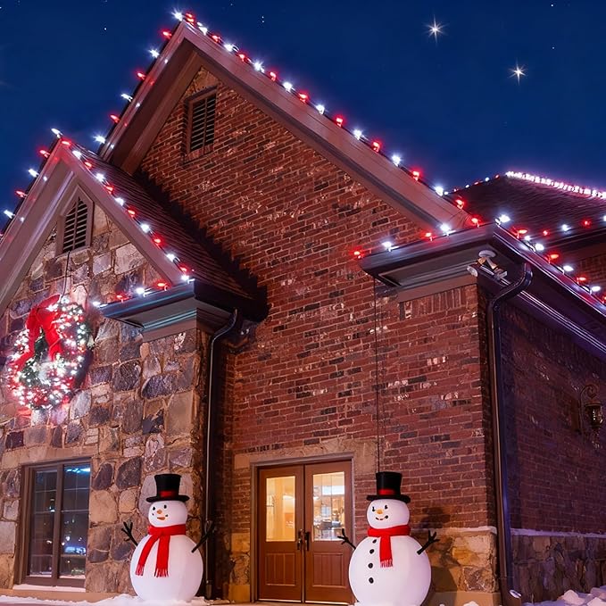 Dazzle Bright C9 Christmas String Lights 100 LED 66 FT Waterproof Connectable Fairy Lights with 100 Spring Clips Timer Christmas Decoration for Outdoor Roofline Home Garden Yard Tree (Red &amp Whit