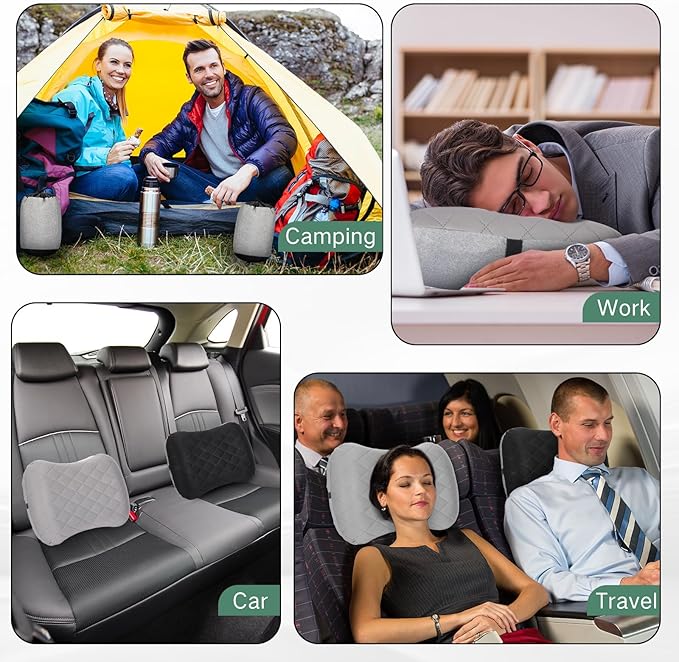 2 Pack Inflatable Travel Camping Pillow with Removable Cover Backpacking Blow up Neck Air Pillow Compressible for Lumbar Support Travel Hiking(BlackGrey)