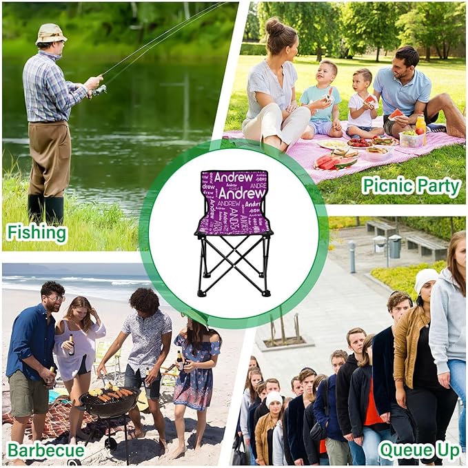 Sinestour Purple Custom Folding Camping Chair for Teen Child Personalized Name 14.6×14.6in Portable Outdoor Chair with Carry Bag for Picnic Lawn Travel