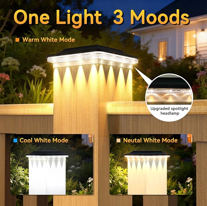 4x4 Solar Post Cap Lights Outdoor Black Deck Post Light Solar Powered for 3.5x3.5 Vinyl/Wooden Post Waterproof 3 Modes(Warm/Cool Light) Solar Fence Light for Garden Patio Porch 6pack