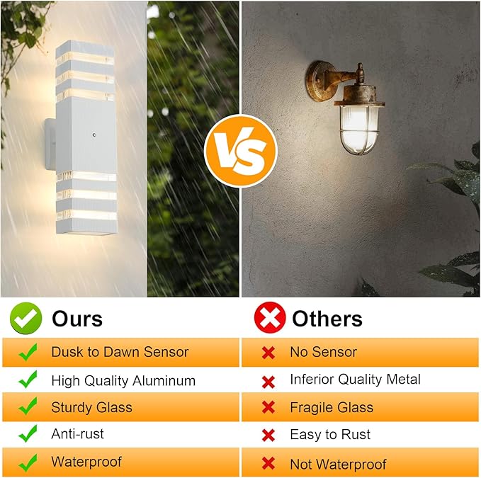 Dusk to Dawn Outdoor Wall Lights 2 Pack White Front Porch Light Fixture Anti-Rust Black LED Up and Down Outdoor Lights for House Hallway Garage Entryway