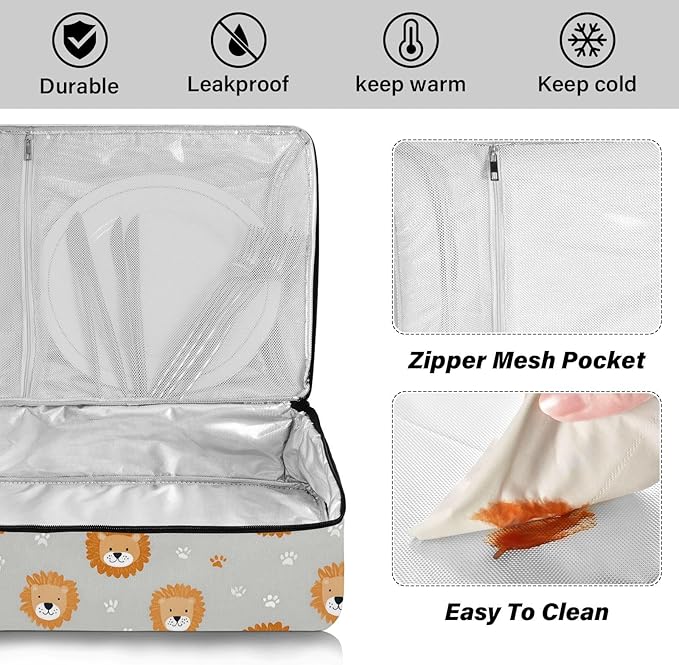 Casserole Carrier Pattern Cute Lion FacesInsulated Casserole Carrier for Hot or Cold Food Thermal Lunch Tote for Potluck Parties Picnic Beach Fits 9 x 13 Inches Baking Dish