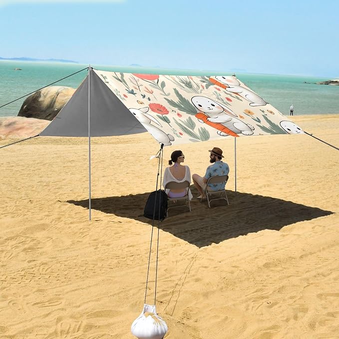 Rabbit Animal Cartoon with Carrot Flower Camping Sun Shelter Beach Tent Portable Beach Sun Shade Outdoor Canopy for Camping Trips Fishing Picnic