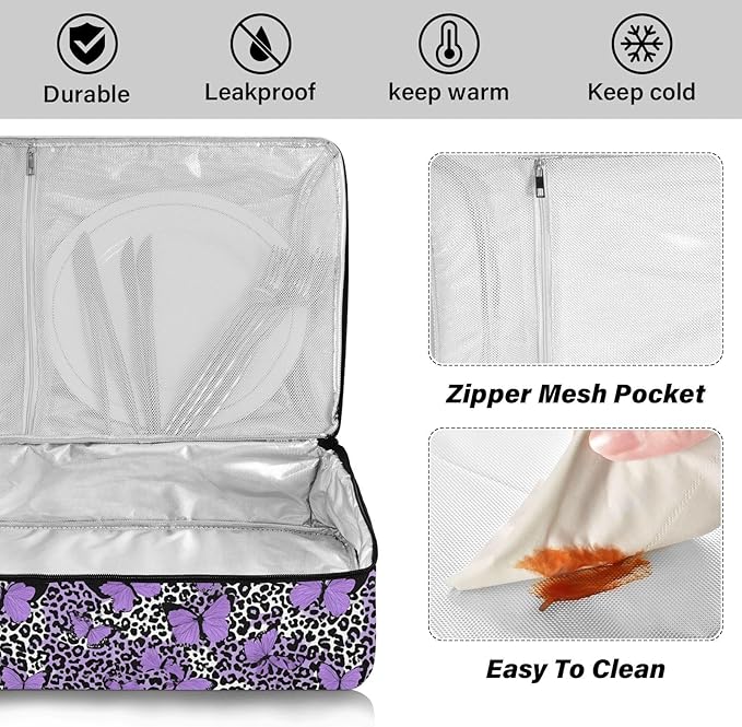 Casserole Carrier Leopard Print Pattern Purple ButterfliesInsulated Casserole Carrier for Hot or Cold Food Thermal Lunch Tote for Potluck Parties Picnic Fits 9 x 13 Inches Baking Dish