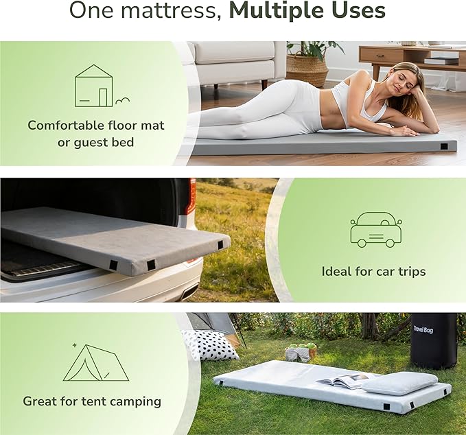 Memory Foam Camping Mattress 2.5 inch Kids Portable Roll Up Camping Sleep Topper with Waterproof and Non-Slip Bottom Camping Car Mat with Travel Bag 63×26×2.5 Grey