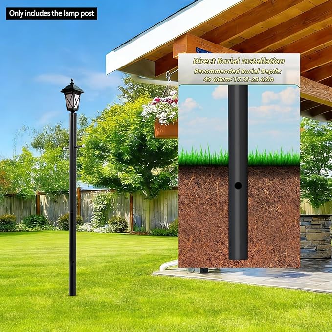 6.5FT Direct Burial Lamp Post Split Street Light Pole with Cross Arm Lighting Post Fixtures for Pathway Courtyard Parking Lot Fits Standard 3 Post Top Fixtures (6.5FT 76mm Direct Burial)