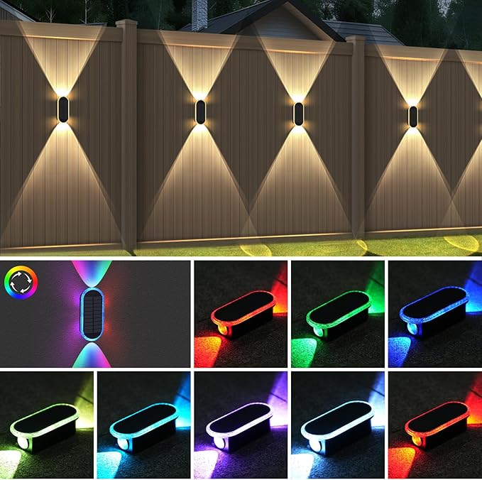 4 Pack Solar Fence Lights RGBW 8-Color Changing Waterproof Top and Bottom Lighting Wall for Landscape/Fence/Patio/Wall/Garden Christmas Solar Lights (2 Installation Modes)