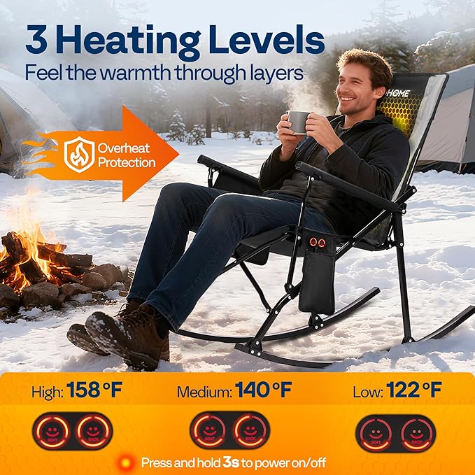 VIVOHOME 45W Padded Heating Rocking Camping Chair with 27000mAh Power Bank Heated Oversized Portable Lawn Chair for Outdoor Sports 3 Levels of Heat Overheat Protection System Black and Gray