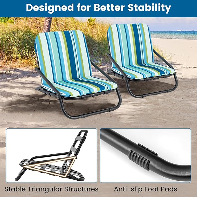 Giantex 2-Pack Beach Chairs for Adults Folding Camping Chairs with Aluminum Frame Quick-Drying Cotton Cushion Shoulder Straps 300 Lbs Capacity Lightweight Sling Chairs for Travel Backpack Chair