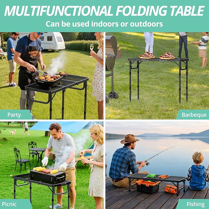 VINTEAM Folding Grill Table with Mesh Top 3 Adjustable Heights Lightweight Portable Camping Table Black Aluminum Alloy BBQ Picnic Table for Outdoor Cooking Tailgating Beach RV &amp Backyard